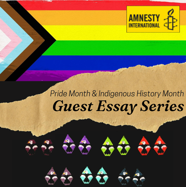 The Pride Progress flag is at the top of this graphic, with the Amnesty International logo in the top right corner. The bottom half of the graphic has beaded earrings. The middle of the image has the title: Pride Month and Indigenous History Month. Guest Essay Series.