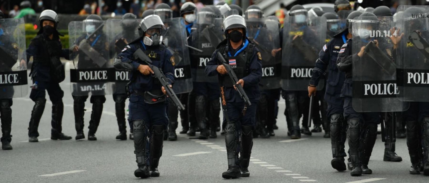 Riot police hold the rubber bullet guns to disperse during a protest to anti-government in Bangkok on August 11, 2021, in Bangkok, Thailand. (Photo by Vachira Vachira/NurPhoto via Getty Images)
