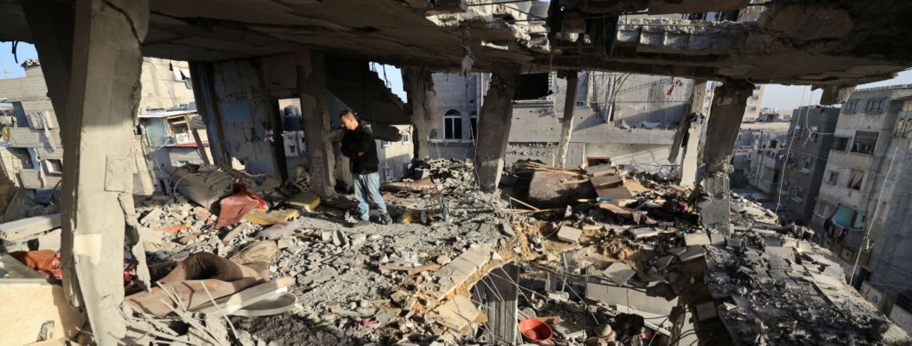 Men check the damages to the house of the Palestinian Nofal family, who were killed during Israeli bombardment, on January 10, 2024 in Rafah in the southern Gaza Strip ©AFP via Getty Images.