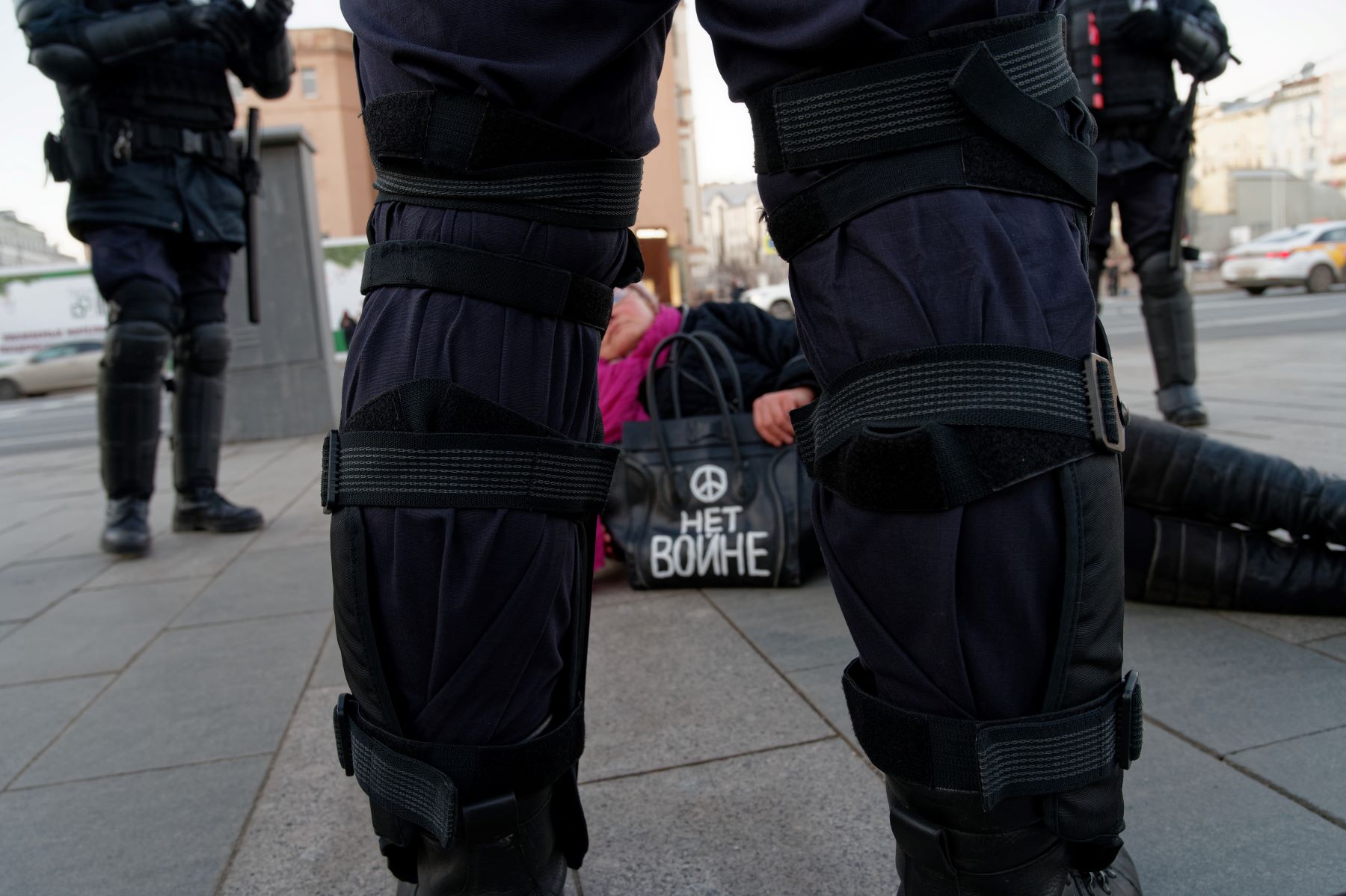 Anti war protester being arrested at the center of Moscow, in Moscow, Russia, on February 28, 2022 during a demonstration against the war on Ukraine. Photo by Daniil Danchenko/NurPhoto via Getty Images.