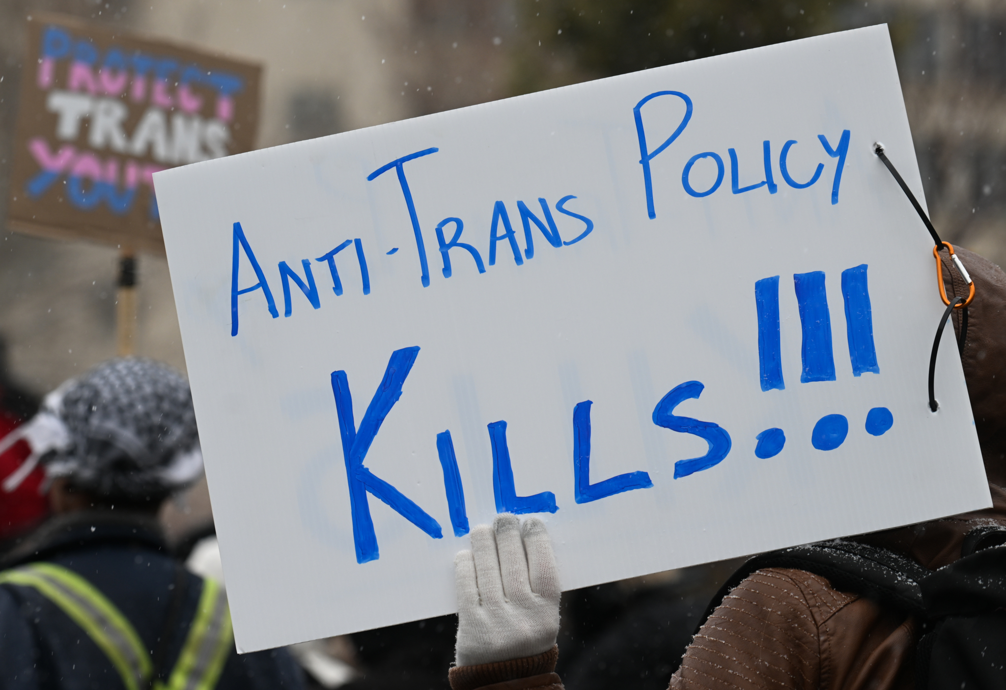 Protesters gathered at Violet King Henry Plaza in front of the Alberta Legislature to rally in support of trans youth in Alberta, on February 25, 2024, in Edmonton, Alberta, Canada. (Photo by Artur Widak/NurPhoto via Getty Images)