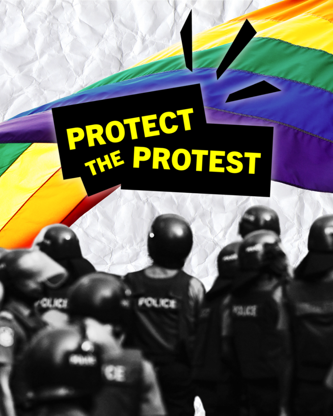 Protect the Protest graphic with police and pride flag