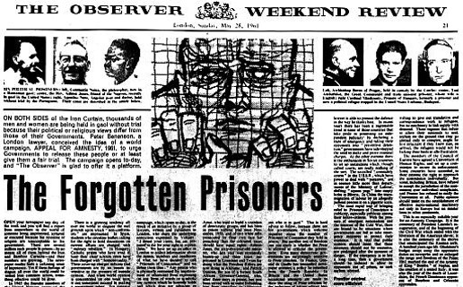 Photo of 1961 newsletter article "The Forgotten Prisoners" -- the start of Amnesty International.