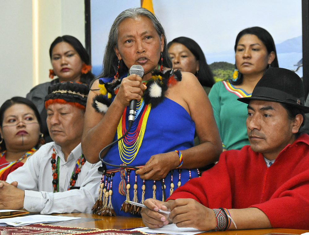 Indigenous leaders speak out at a press conference in opposition to the President's promotion of more Canadian mining in their territories in Ecuador
