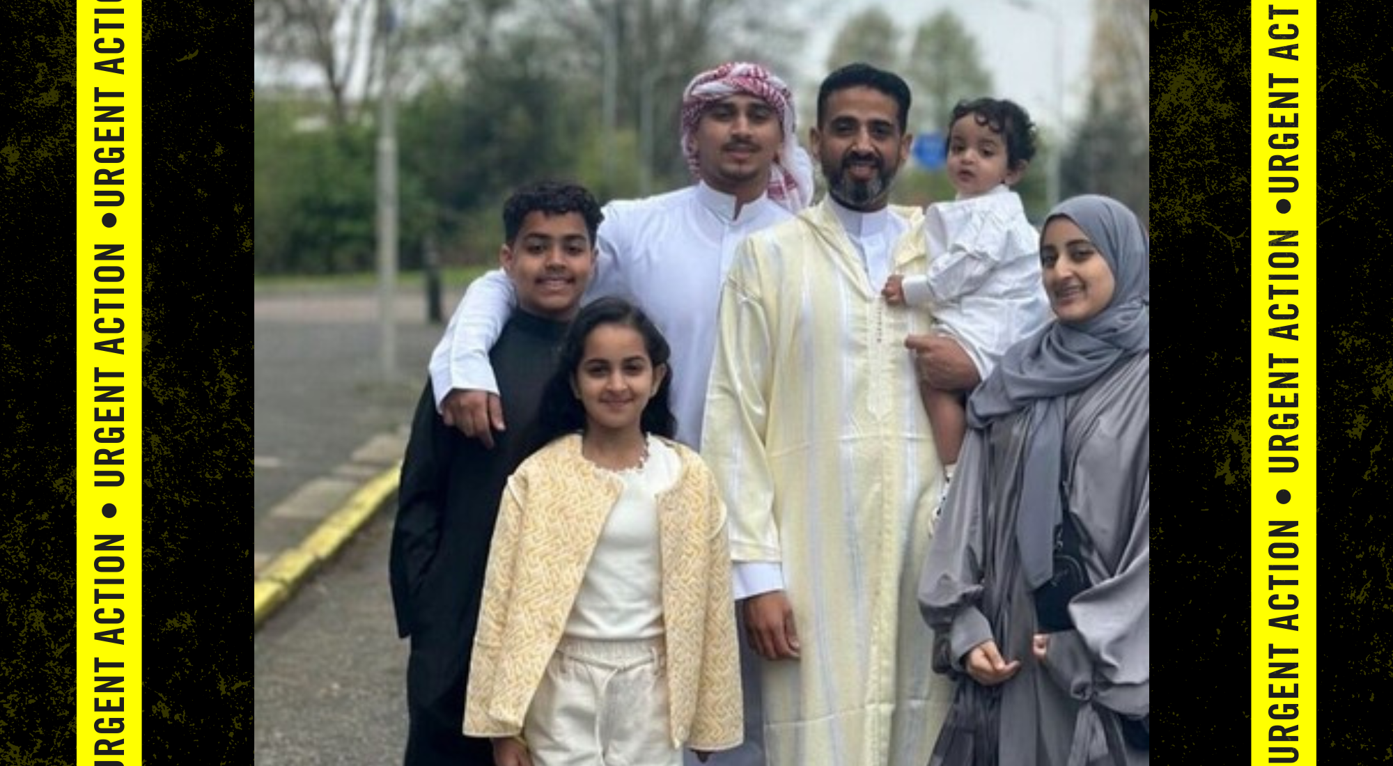Photo of Fahd Ezzi Mohammed Ramadhan standing outside with his family, all looking at the camera. The photo was taken in Zaanstad, the Netherlands, in April 2023.