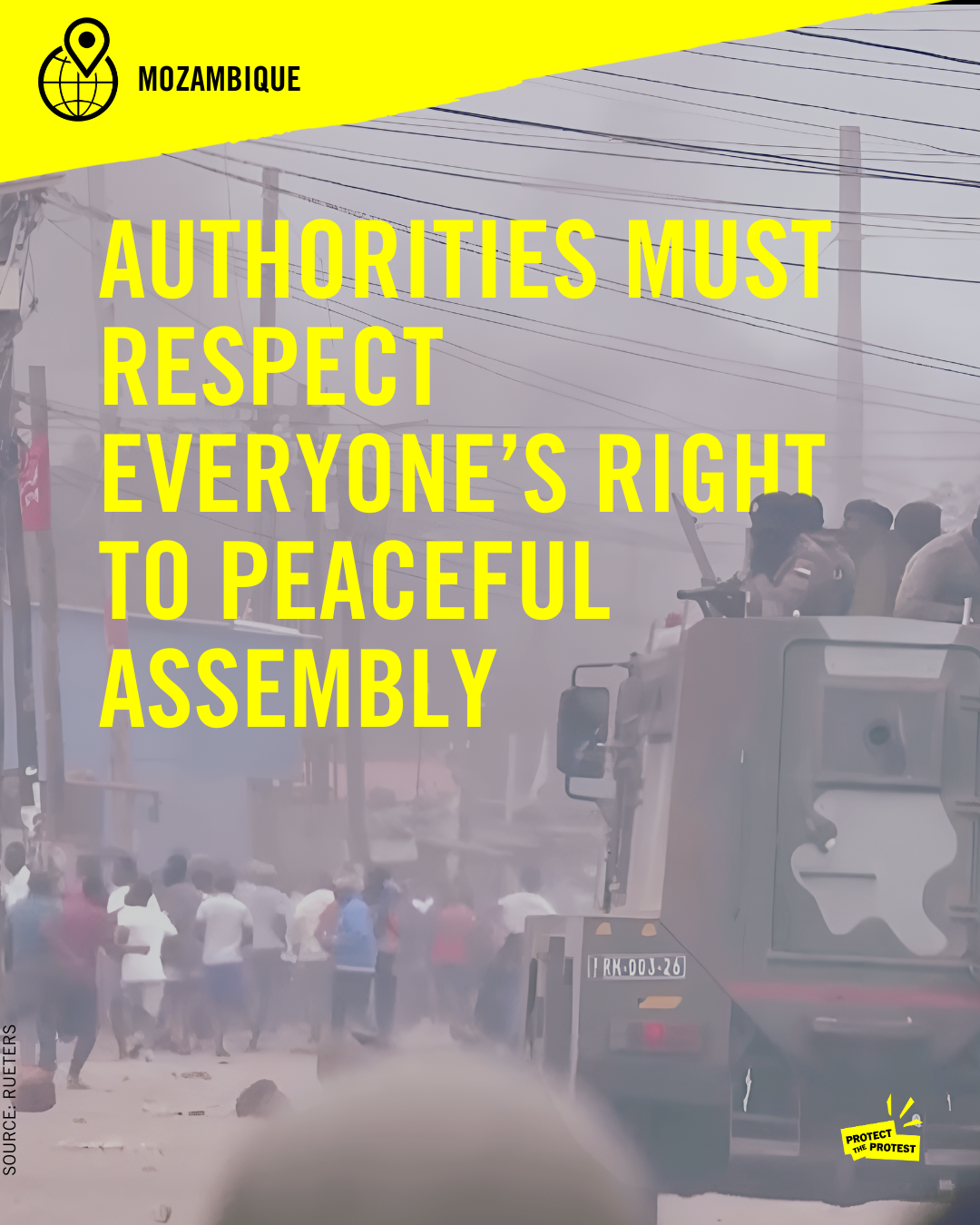 Graphic for social media: Mozambique must respect everyone's right to peaceful assembly. Protect the protest.