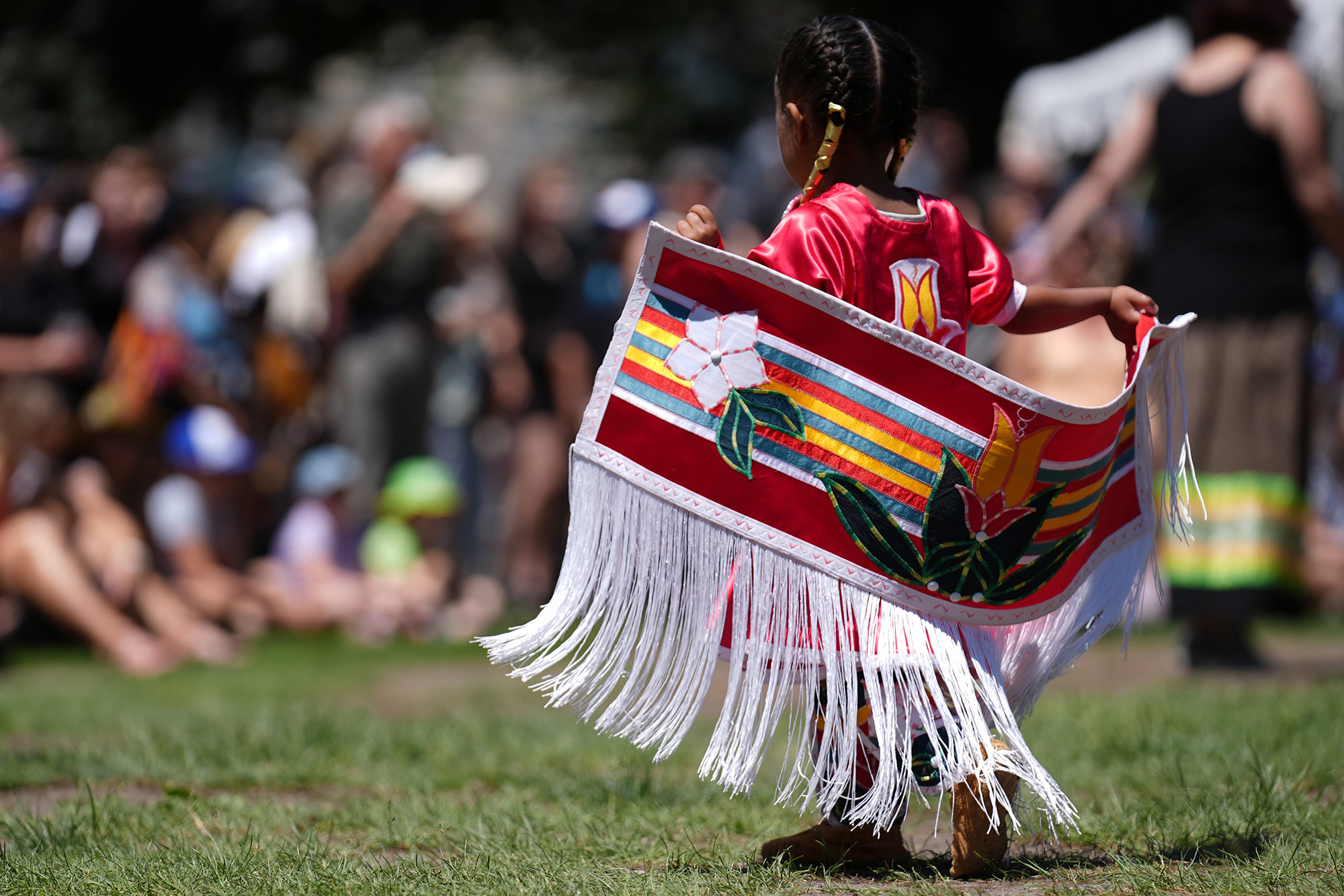 Dancers perform during Na-Me-Res traditional Pow Wow, community festival celebrating in anticipation of Canada's National Indigenous Peoples Day