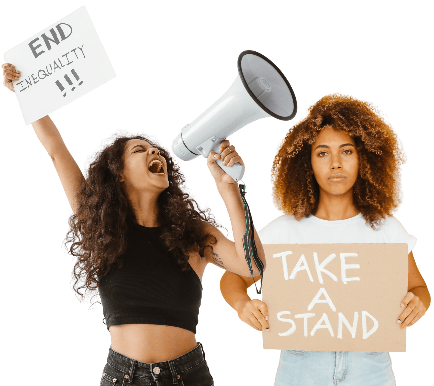 2 girls with bullhorn and signs reading "End inequality!!!" and "Take a stand"