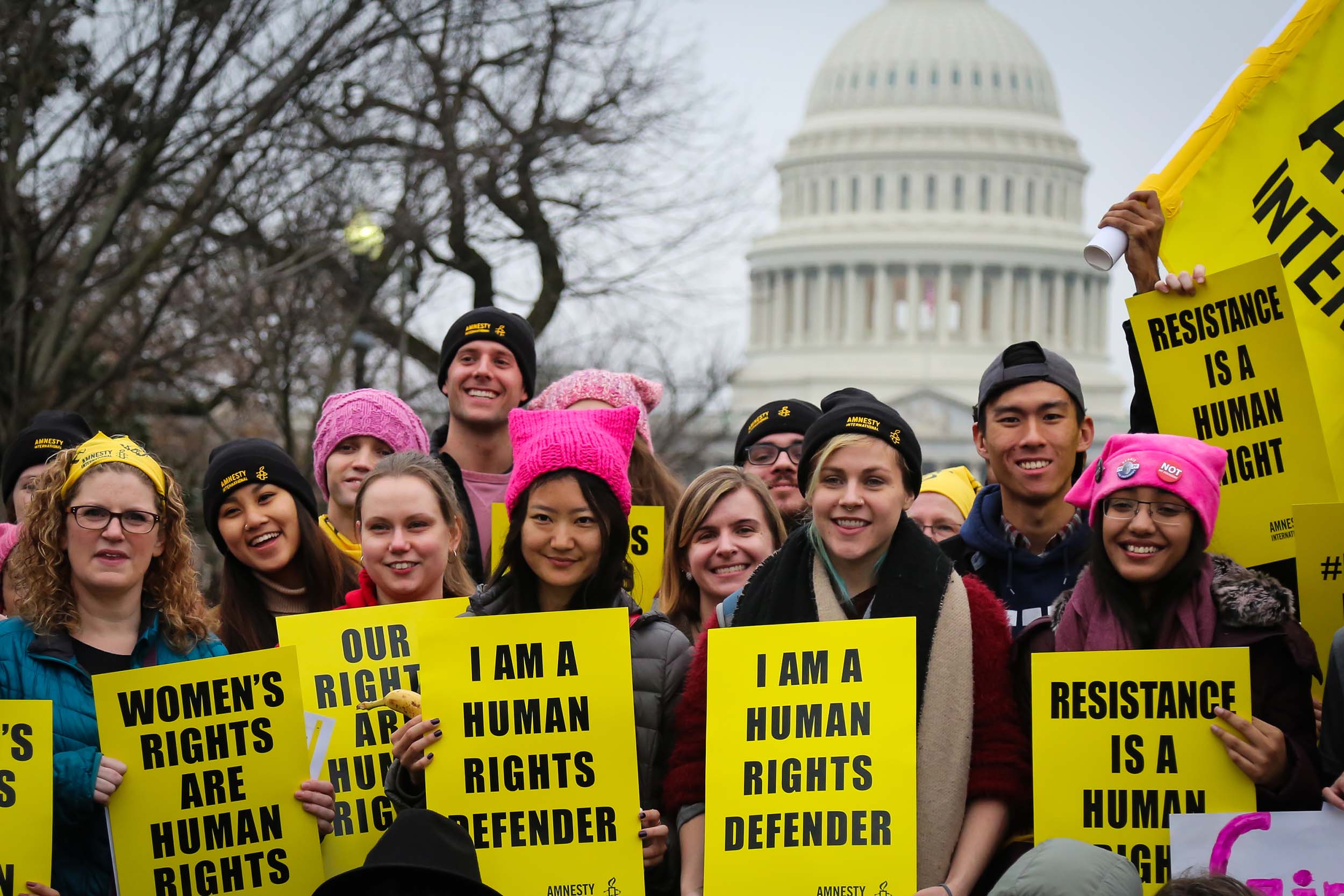 Amnesty members and supporters join the women's march in Washington DC, 21 January, 2017.