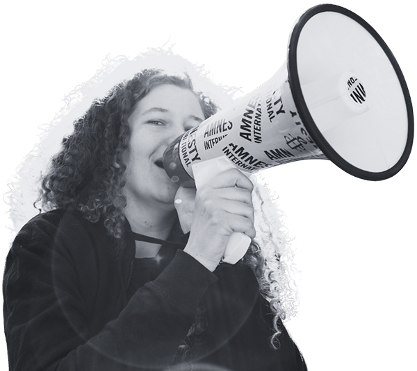 Woman with bullhorn in black and white
