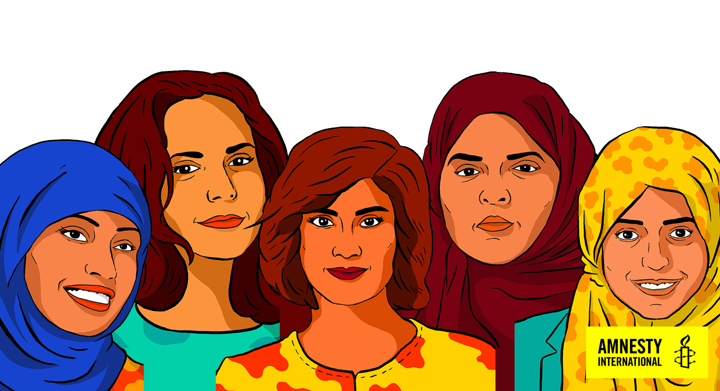 Illustration of Loujain al-Hathloul, Iman al-Nafjan, Aziza al-Youssef, Samar Badawi and Nassima al-Sada, women human rights defenders who have campaigned for women’s rights to drive and against the guardianship system in Saudi Arabia.