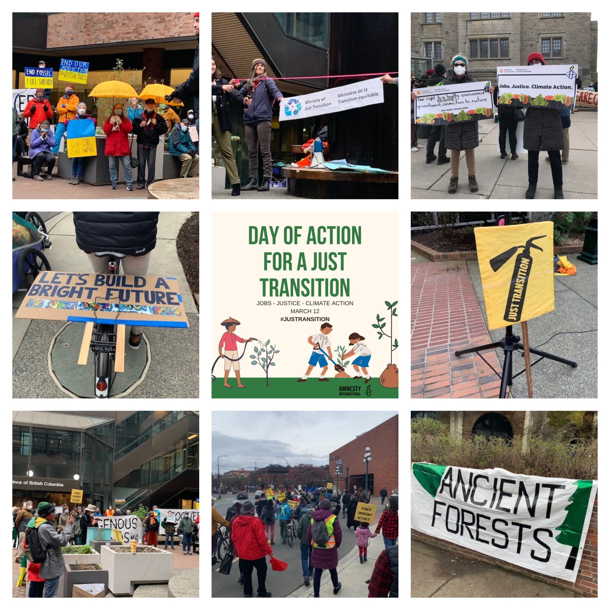 Collage of photos from events during March 12 Day of Action for a Just Transition. Banners, people with placards.