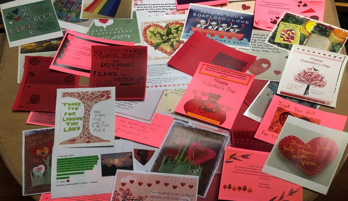 image of dozens of valentines cards written for Wet'suwet'en land defenders