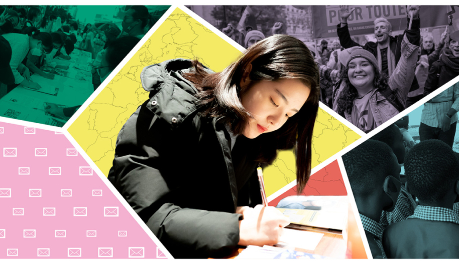 Banner for Amnesty International Canada's 2022 Write for Rights campaign featuring a woman with mid-length black hair and a black coat writing a letter or signing a petition.