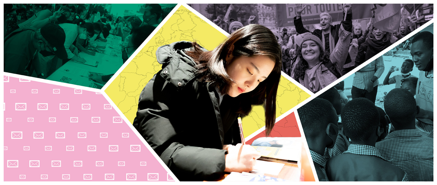 Banner for Amnesty International Canada's 2022 Write for Rights campaign featuring a woman with mid-length black hair and a black coat writing a letter or signing a petition.