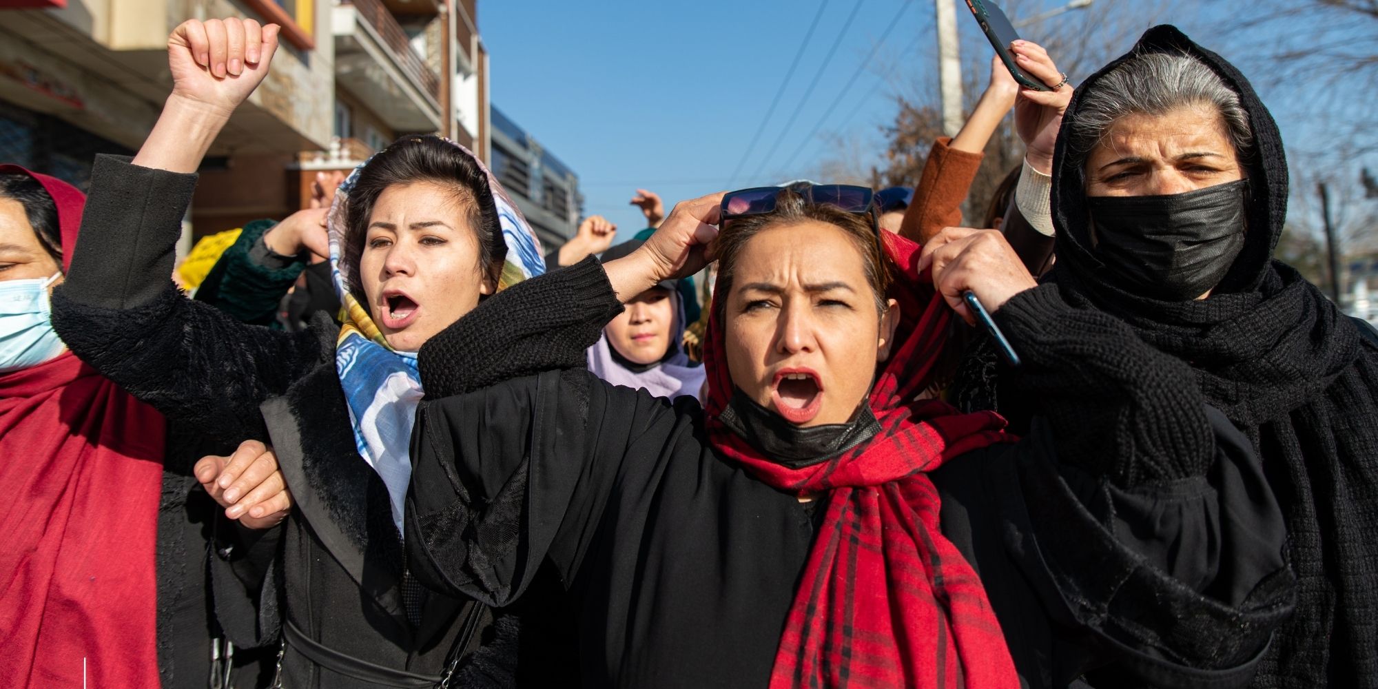 Afghan women protest against a new Taliban ban on women accessing university education on December 22, 2022, in Kabul, Afghanistan. (Photo by Stringer/Getty Images)