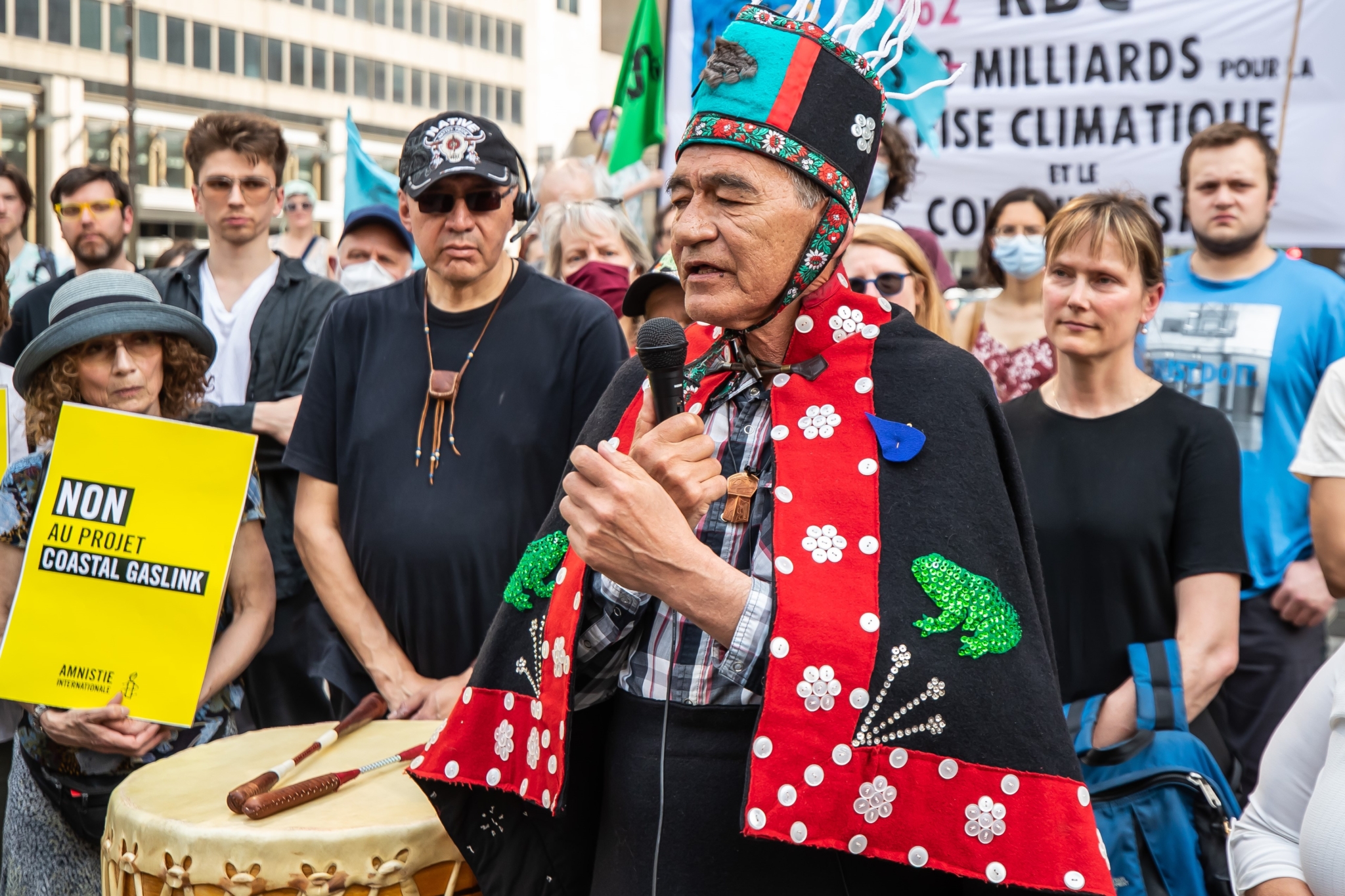 Wet'suwet'en Hereditary Chief Na'Moks speaks at a street protest in Montreal against the Coastal GasLink pipeline