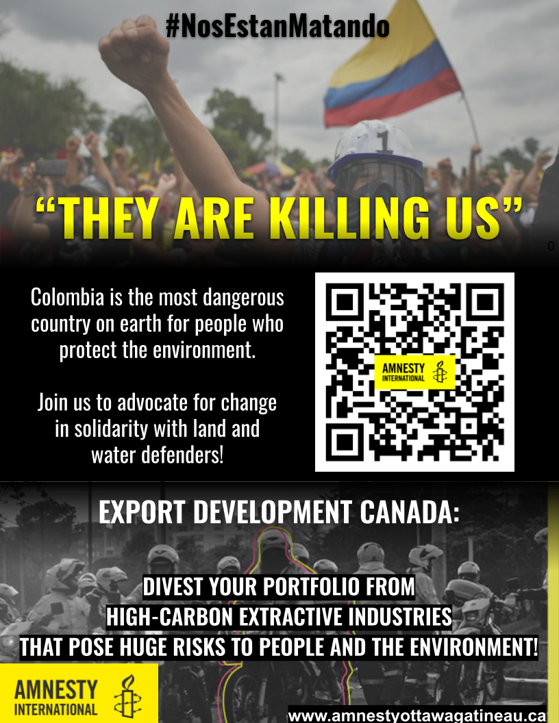 A poster calls on Export Development Canada to divest from high carbon extractive industries that pose huge risks to people and the environment