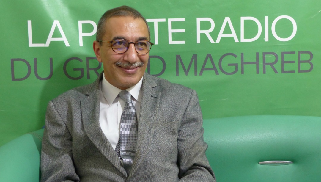 Ihsane El Kadi wearing a grey suit over a white shirt and grey tie, seating in front of a green poster with an inscription.