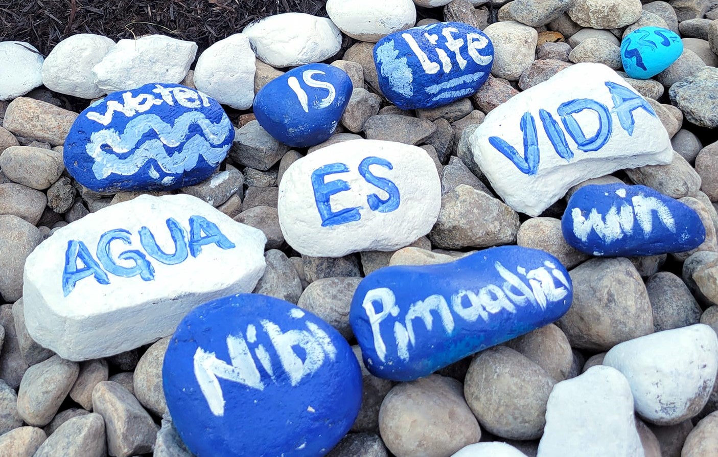 Painted rocks bear the words: Water Is Life in English