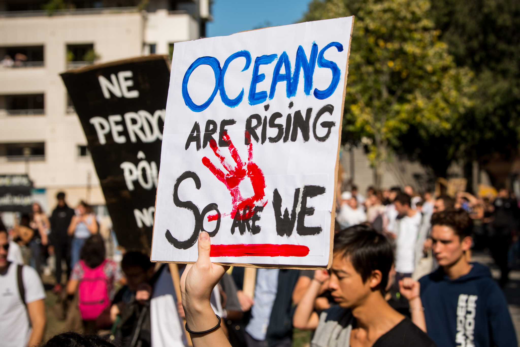 A hand raising up a protest sign that reads "Oceans are rising, so are we."