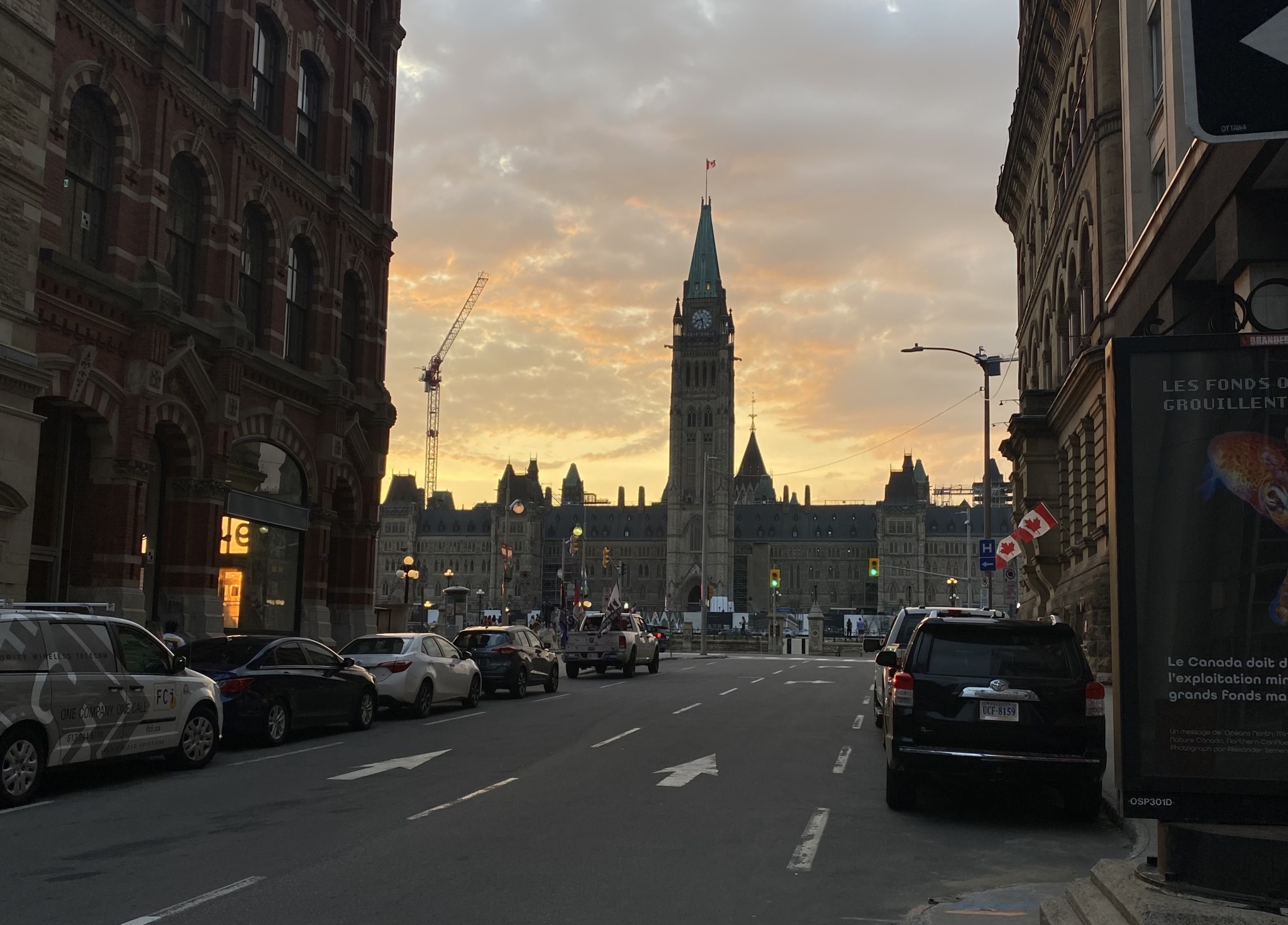 Parliament Hill in Ottawa, Ontario, Canada, at sunset.