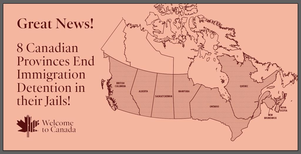A graphic showing a map of Canada showing the eight provinces, the latest being Ontario, that have decided to cancel their immigration detention contracts with the Canada Border Services Agency.