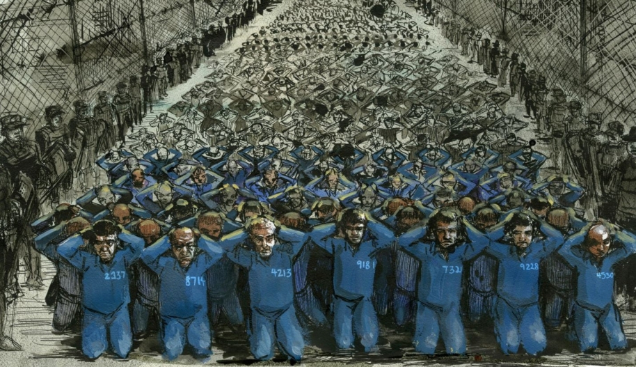 Guards surround a large group of detainees in an internment camp in Xinjiang, China. Illustration ©Molly Crabapple