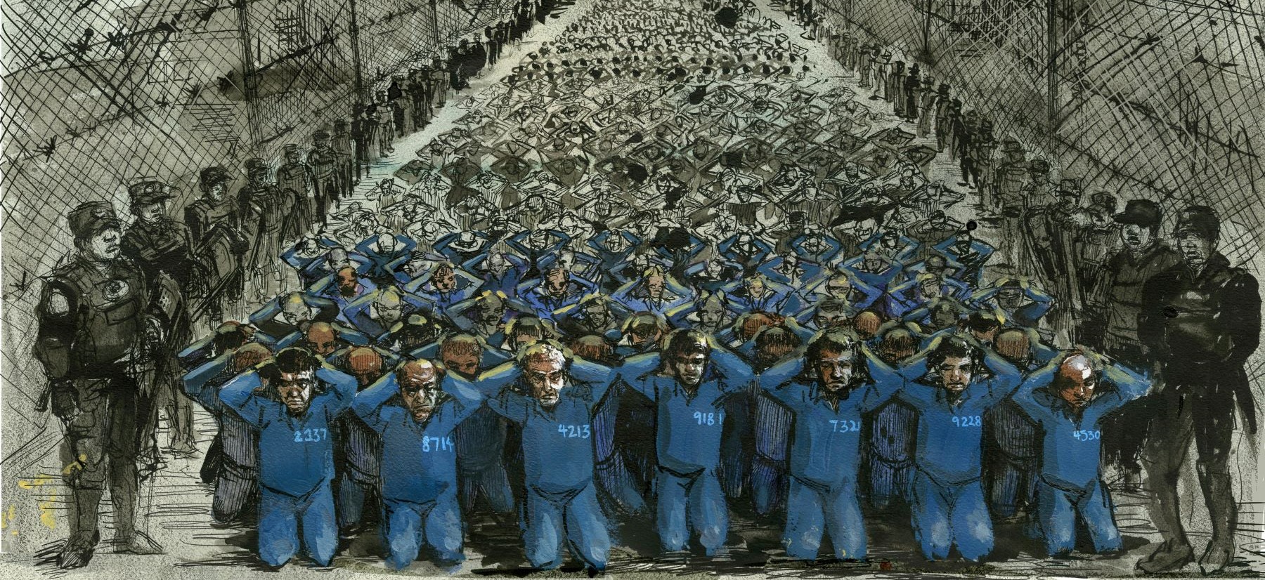 Guards surround a large group of detainees in an internment camp in Xinjiang, China. Illustration ©Molly Crabapple