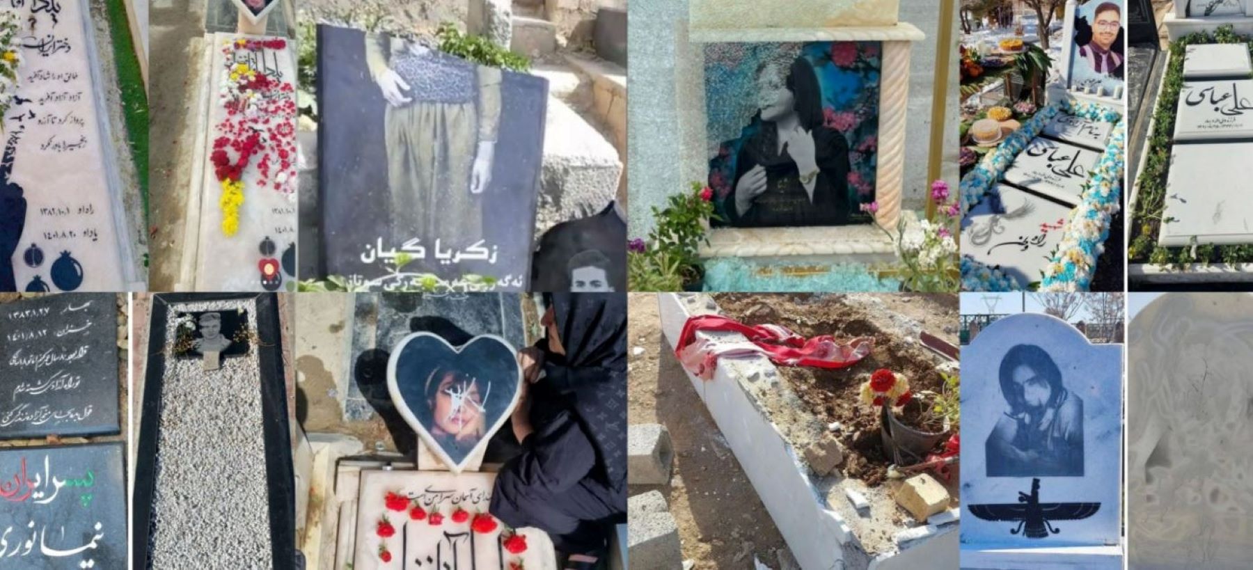 Compilation of images of gravesites of those killed during Iran’s Women Life Freedom uprising in the fall of 2022. Photo credit: Amnesty International