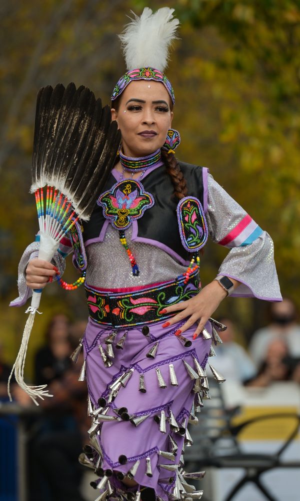 Michellaine Sleigh, USAY's Ambassador, during a jingle dress performance as the City of Calgary commemorates Orange Shirt Day, and observes the first National Day for Truth and Reconciliation (a federal statutory holiday), with an outdoor official ceremony at Fort Calgary. On Thursday, 30 September 2021, in Fort Calgary, Calgary, Alberta, Canada. (Photo by Artur Widak/NurPhoto via Getty Images)