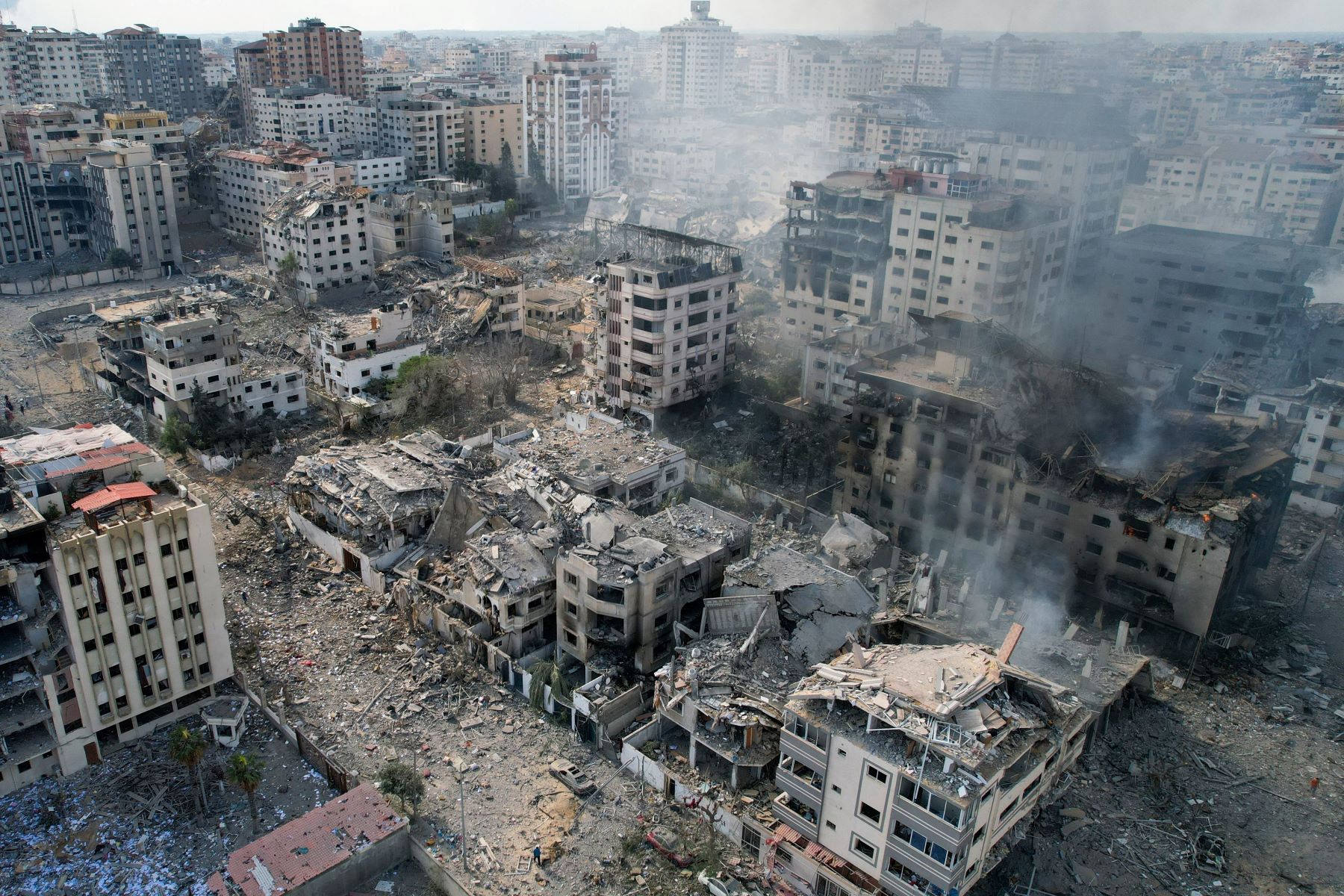 This aerial photo shows heavily damaged buildings following Israeli airstrikes in Gaza City on October 10, 2023. (Photo by BELAL AL SABBAGH / AFP) (Photo by BELAL AL SABBAGH/AFP via Getty Images)