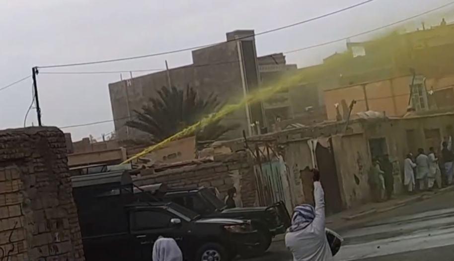 New wave of brutal attacks against Baluchi protesters and worshippers. An image provided by an eyewitness on Friday 20 October 2023 shows a water cannon spraying yellow liquid to disperse protests and facilitate subsequent arrest of marked protesters. ©private