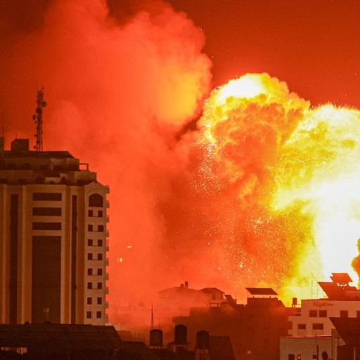 A fireball erupts from an Israeli airstrike in Gaza City on October 9, 2023. Photo by MAHMUD HAMS/AFP via Getty Images.