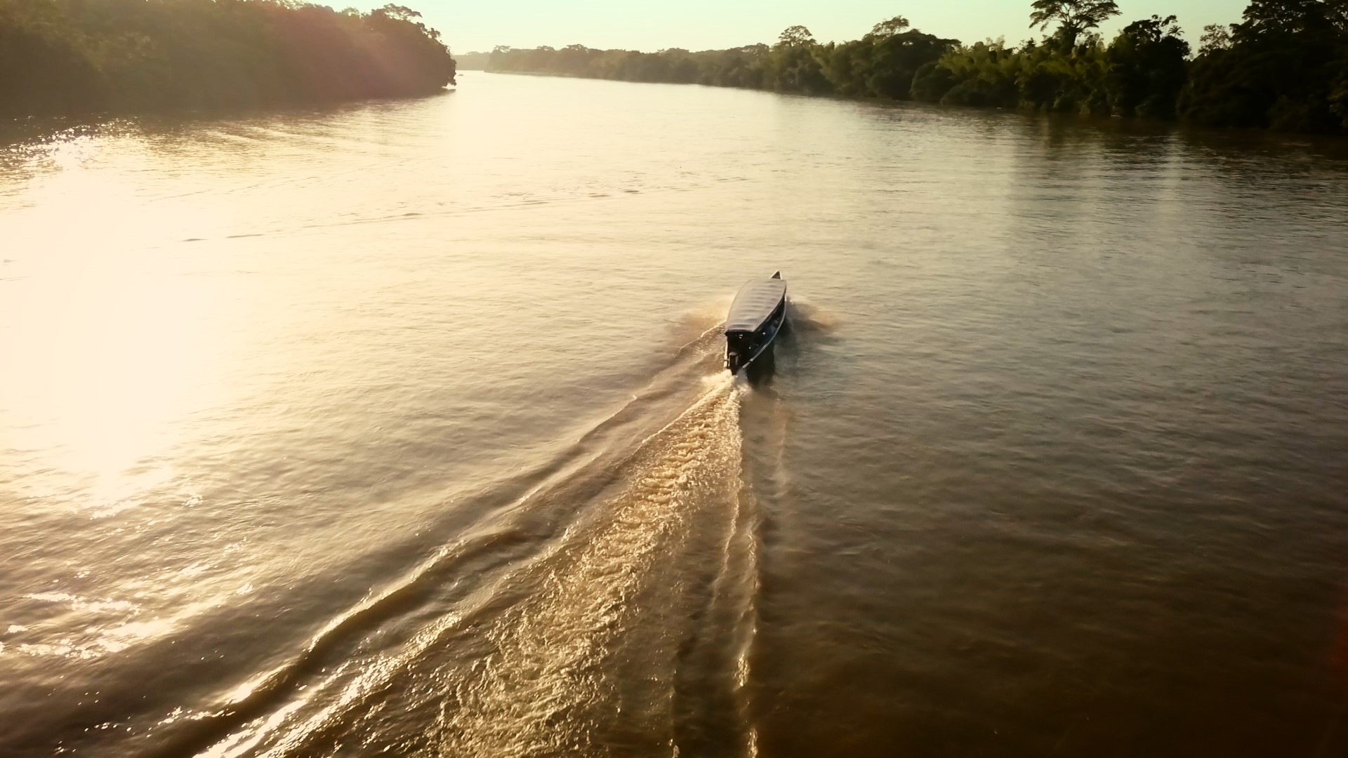 Boat travels up a beautiful river in the Amazon region