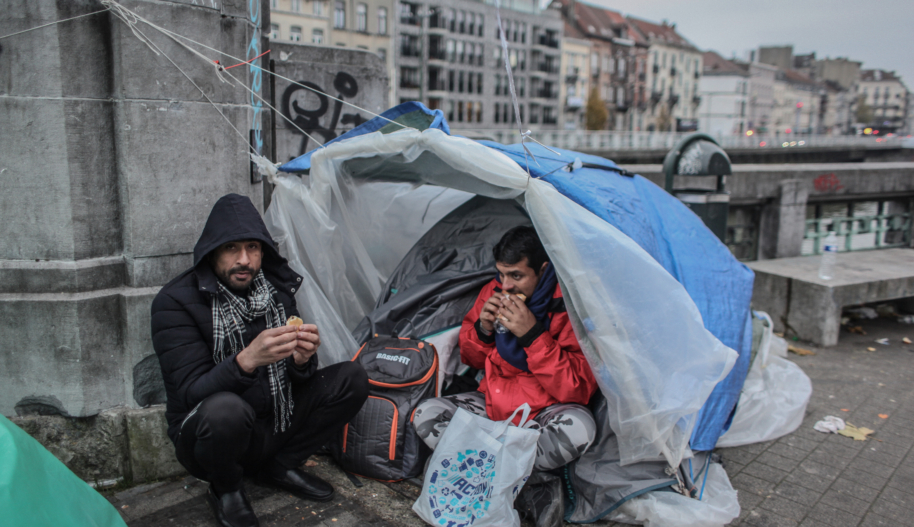 Belgian reception crisis - 2 people in makeshift tent in Brussels, Belgium.