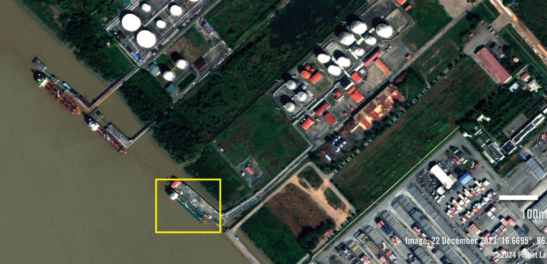 What appears to be the Huitong 78 is visible at the former Puma Energy terminal in Thilawa, Myanmar, offloading jet fuel. © 2024 Planet Labs, inc.
