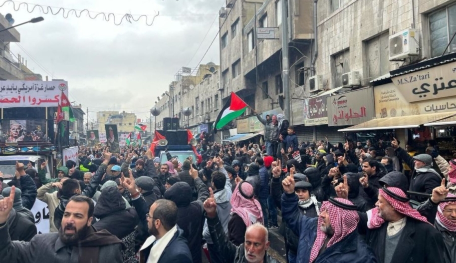 People gather to stage a demonstration in support of Palestinians those who under attacks of Israel and demanding the blockade on Gaza to be lifted in Amman, Jordan on January 26, 2024. Photo by Laith Al-jnaidi/Anadolu via Getty Images.