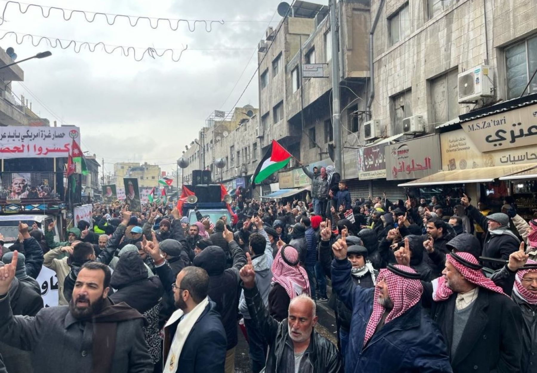 People gather to stage a demonstration in support of Palestinians those who under attacks of Israel and demanding the blockade on Gaza to be lifted in Amman, Jordan on January 26, 2024. Photo by Laith Al-jnaidi/Anadolu via Getty Images.