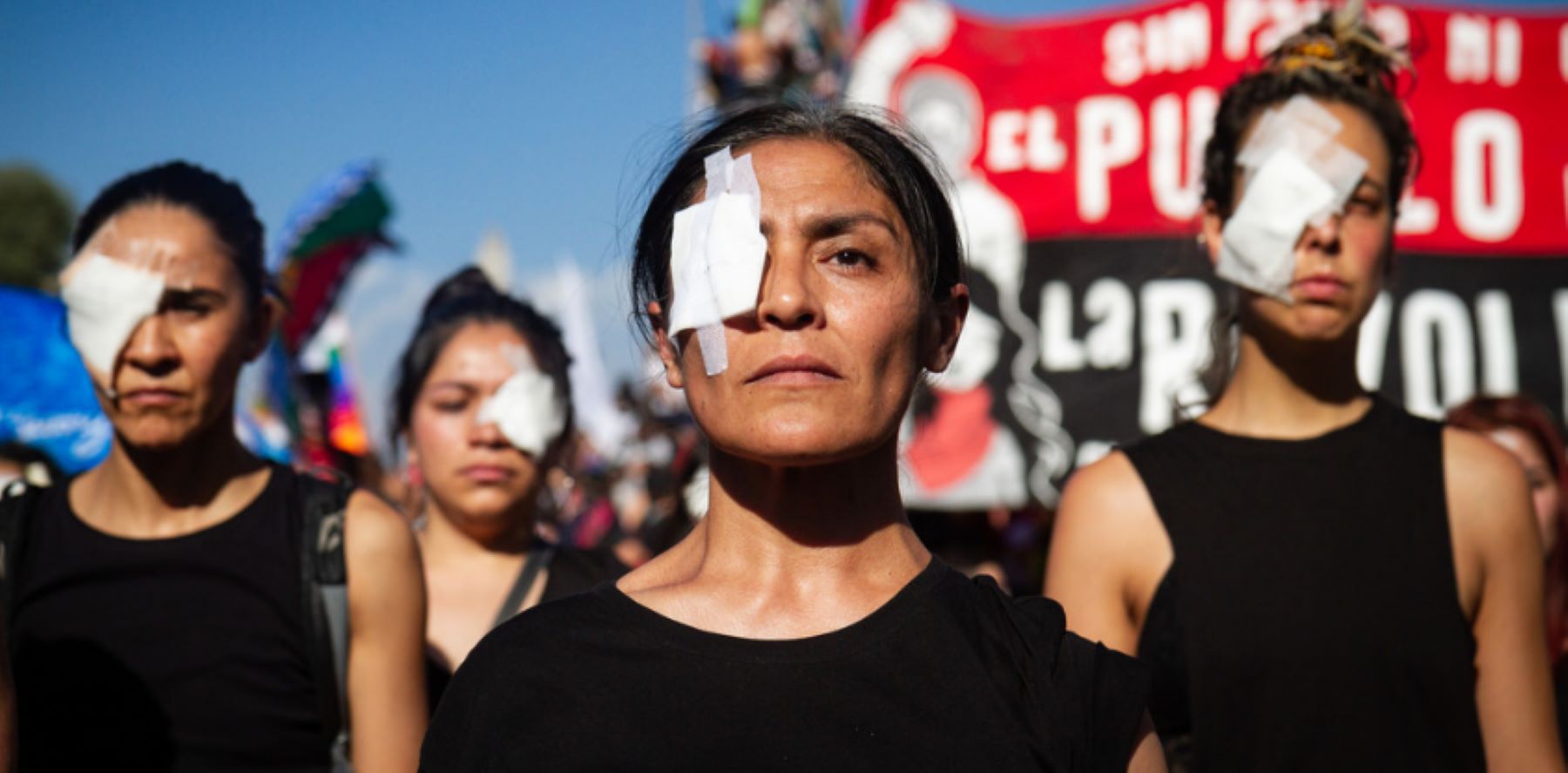 Demonstrators gather on 29 November 2019 in the center of the Santiago de Chile, Chile to protest against the abuses of the security forces, including eye injuries from misuse of weapons. Photo by Federico Rotter/NurPhoto via Getty Images.