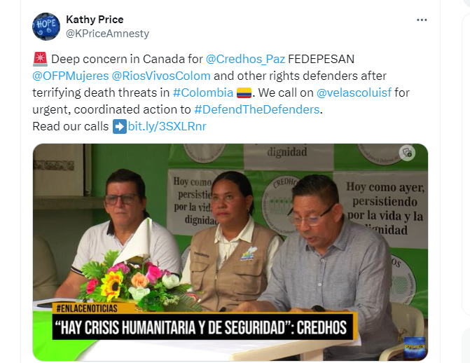 Screen capture of a Tweet expressing concern for the safety of threatened rights defenders and calling on the Minister for urgent action to protect them