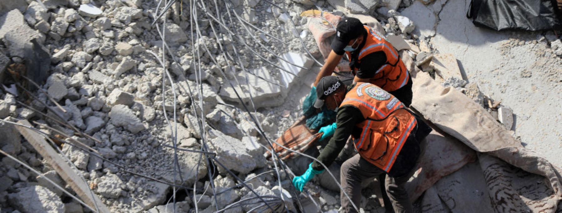 Civil defense teams and locals carry out search and rescue efforts after an Israeli attack hits Zorob family building in Rafah, Gaza on April 01, 2024. Photo by Yasser Qudaih/Anadolu via Getty Images.