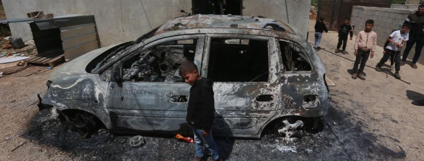 A view of heavily damaged car as Jewish settlers reportedly set fire to Palestinian homes and vehicles in Qusra town in Nablus, West Bank on April 14, 2024. Photo by Nedal Eshtayah/Anadolu via Getty Images.