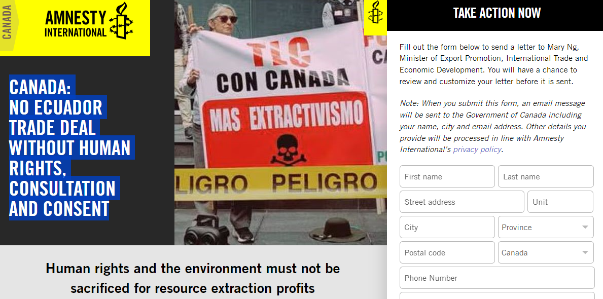 Image of the E-Action Canada: No Ecuador Trade Deal without Human Rights, Consultation and Consent