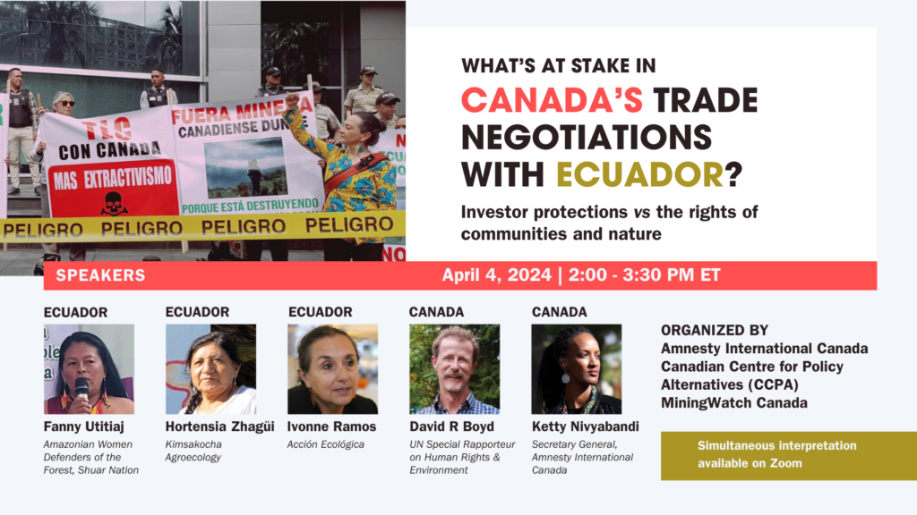 Flyer for the webinar with 3 Ecuadorian women human rights defenders and the UN Special Rapporteur on Human Rights and the Environment