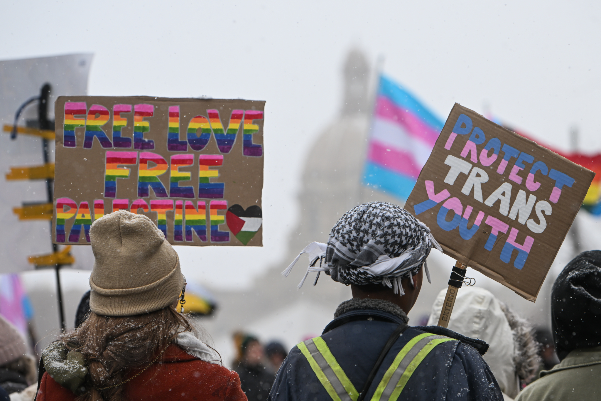 Protesters gathered at Violet King Henry Plaza in front of the Alberta Legislature to rally in support of trans youth in Alberta, on February 25, 2024, in Edmonton, Alberta, Canada. (Photo by Artur Widak/NurPhoto via Getty Images)