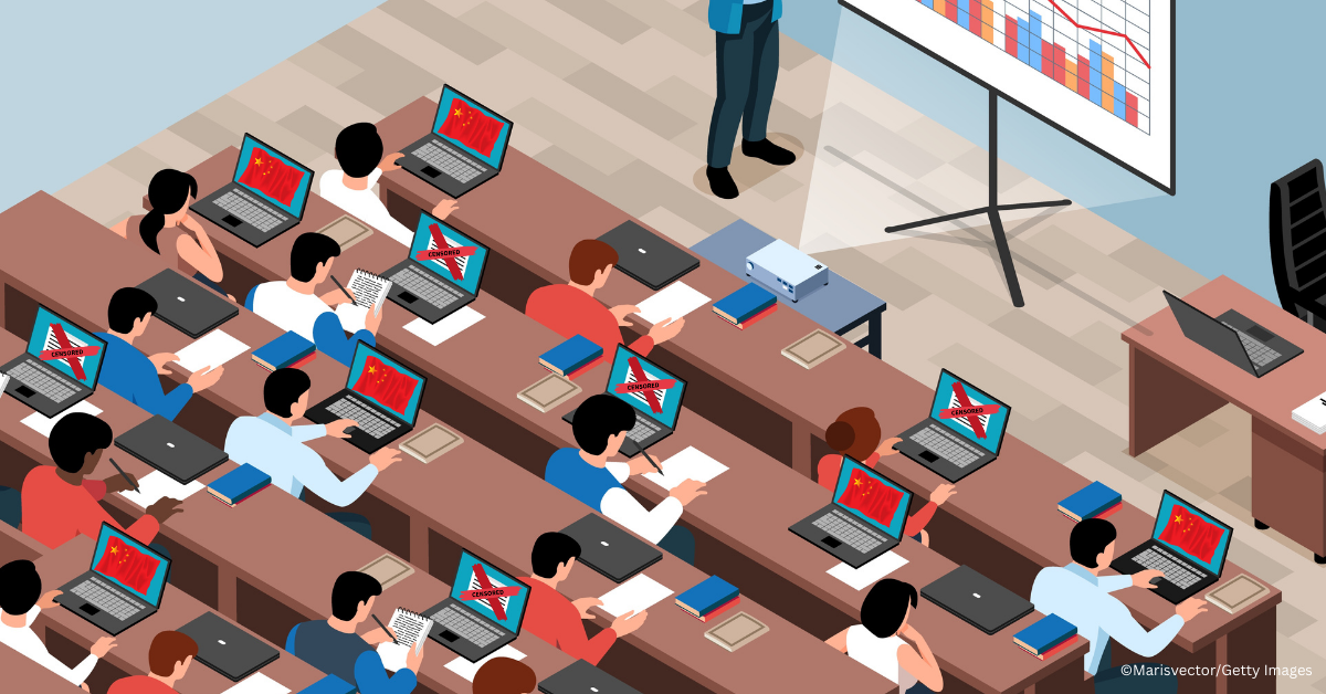 An illustration showing people sitting behind rows of desks in a lecture hall with their laptop computers open