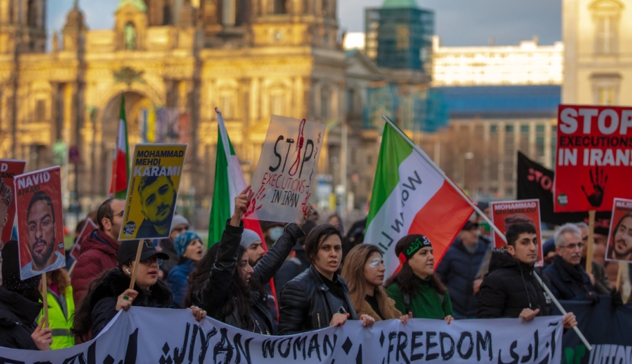Iranian members of the diaspora, activists, gathered in front of the German Federal Foreign Office in Berlin during the 'United Against Executions in Iran' protest on January 27, 2024.