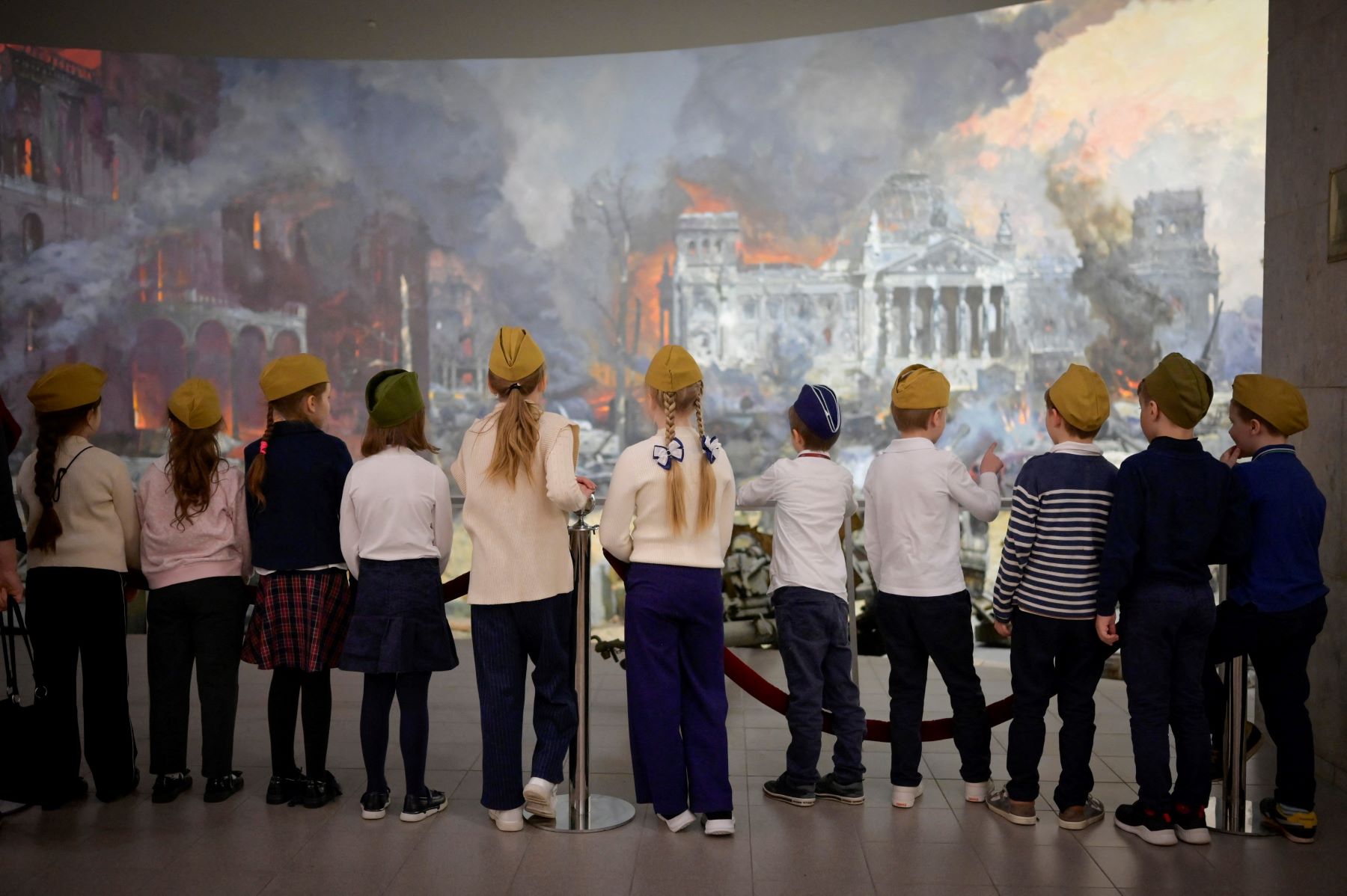 Children visit the Museum of the Great Patriotic War, also known as the Victory Museum, at Poklonnaya Hill in western Moscow on May 8, 2024. Photo by NATALIA KOLESNIKOVA/AFP via Getty Images.