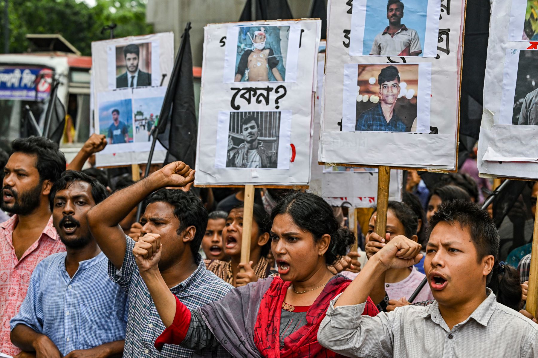 Protesters are taking part in a protest march against the mass arrest and killing of protesters during last week's violence amid anti-quota protests, in Dhaka, Bangladesh, on July 28, 2024. Photo by Zabed Hasnain Chowdhury/NurPhoto via Getty Images.
